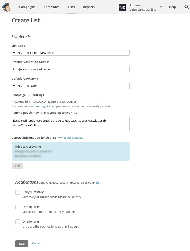 Crear lista en Mailchimp