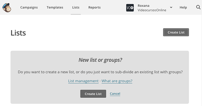 Crear lista en Mailchimp