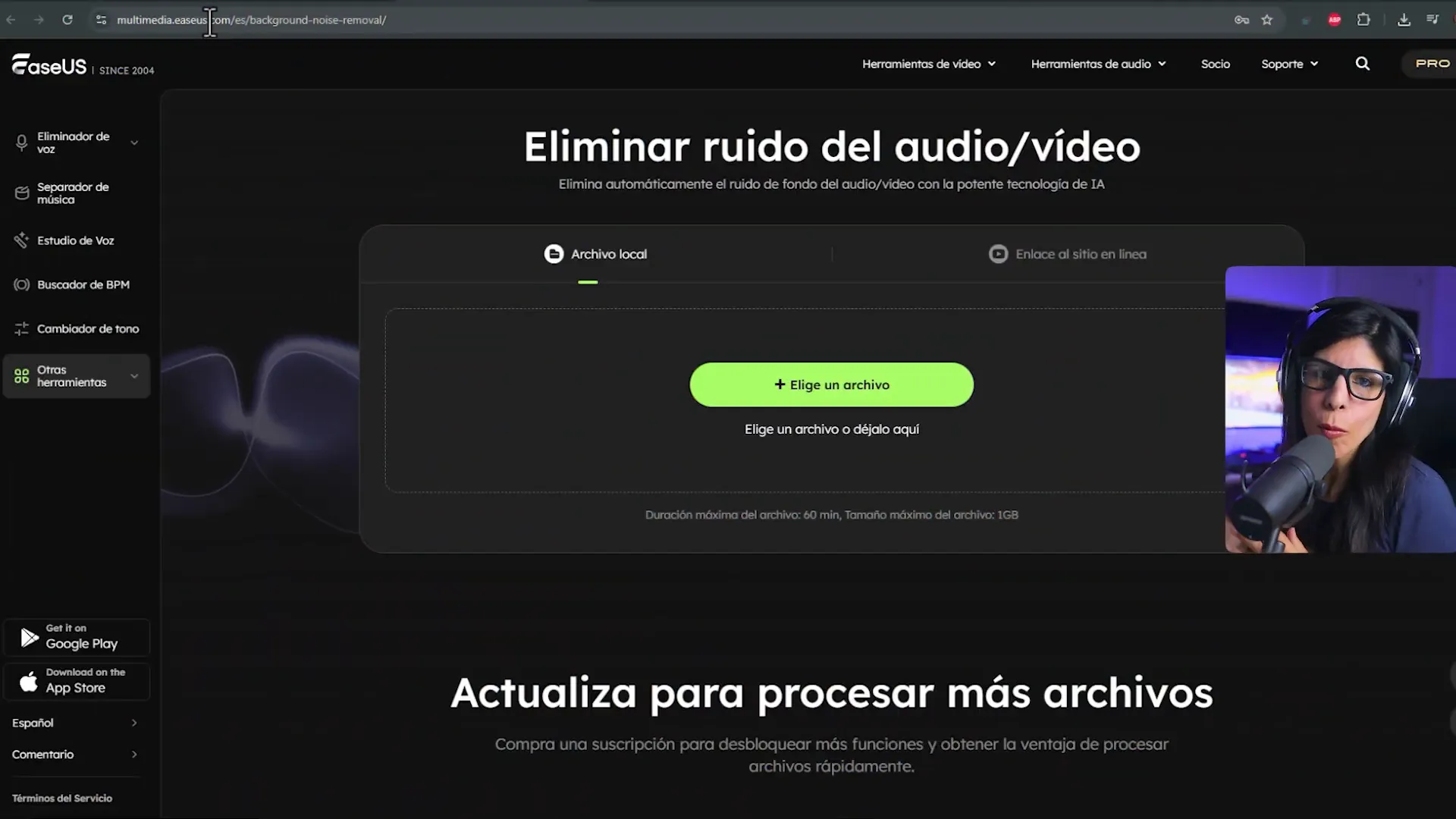 Interfaz de Easys para subir archivo de audio