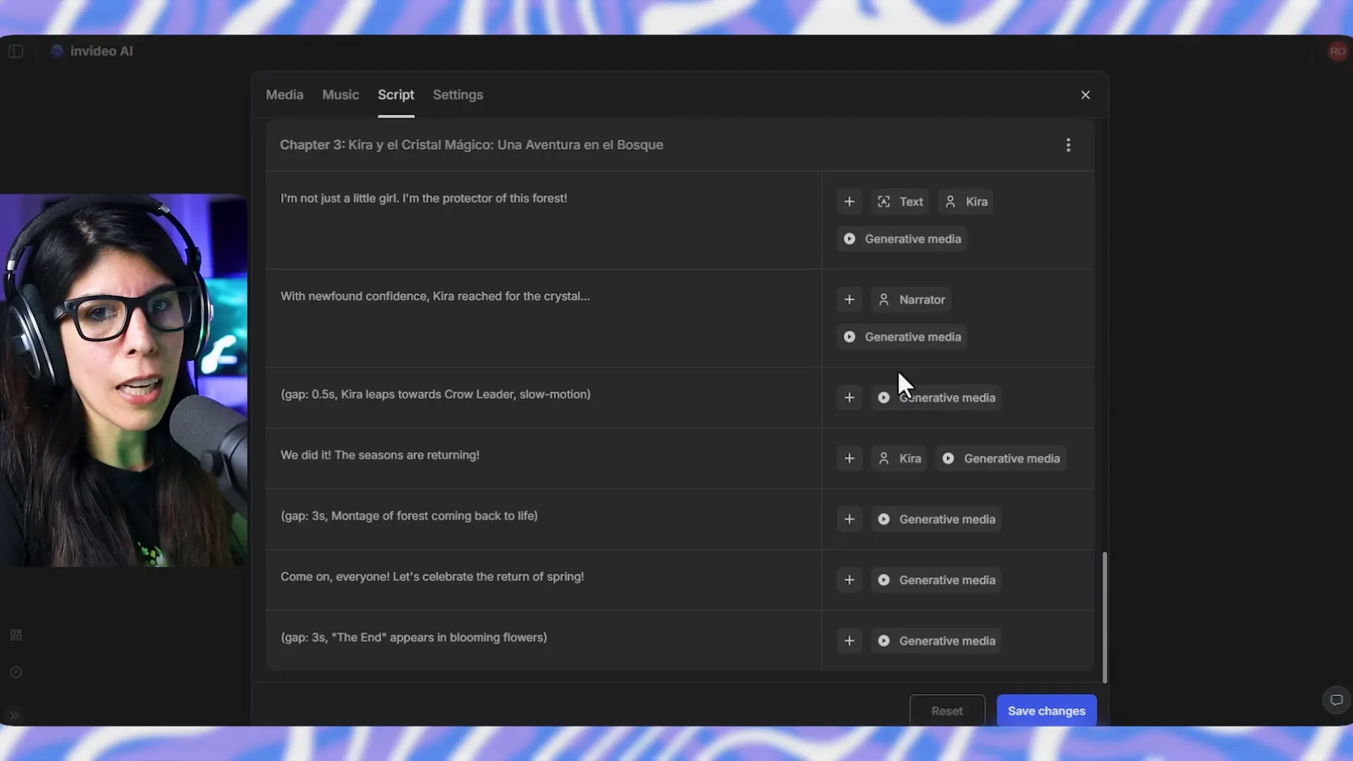 Opciones de edición y comandos para personalizar videos en InVideo AI