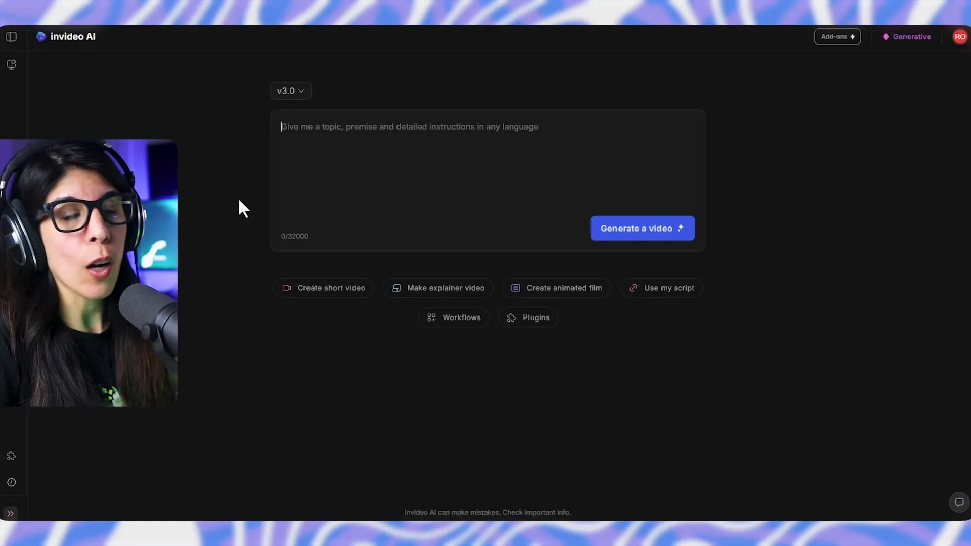 Interfaz de InVideo AI con selección del modelo 3.0