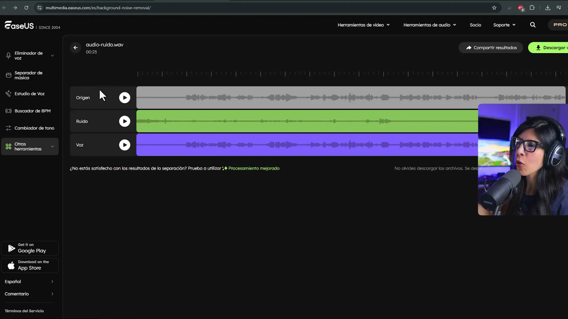 Comparativa de audio original, ruido y voz limpia