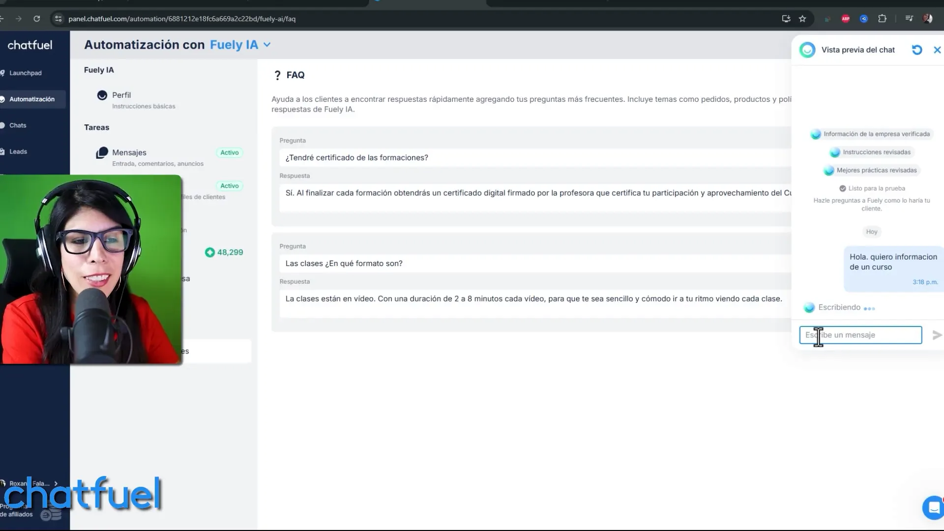 Vista previa del chat mostrando al bot respondiendo a la consulta de un cliente