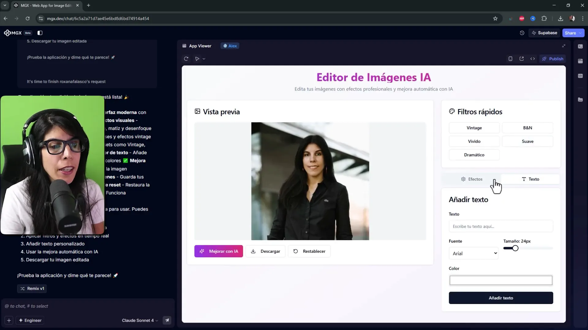 Interfaz del editor de fotos con filtros y opción de añadir texto