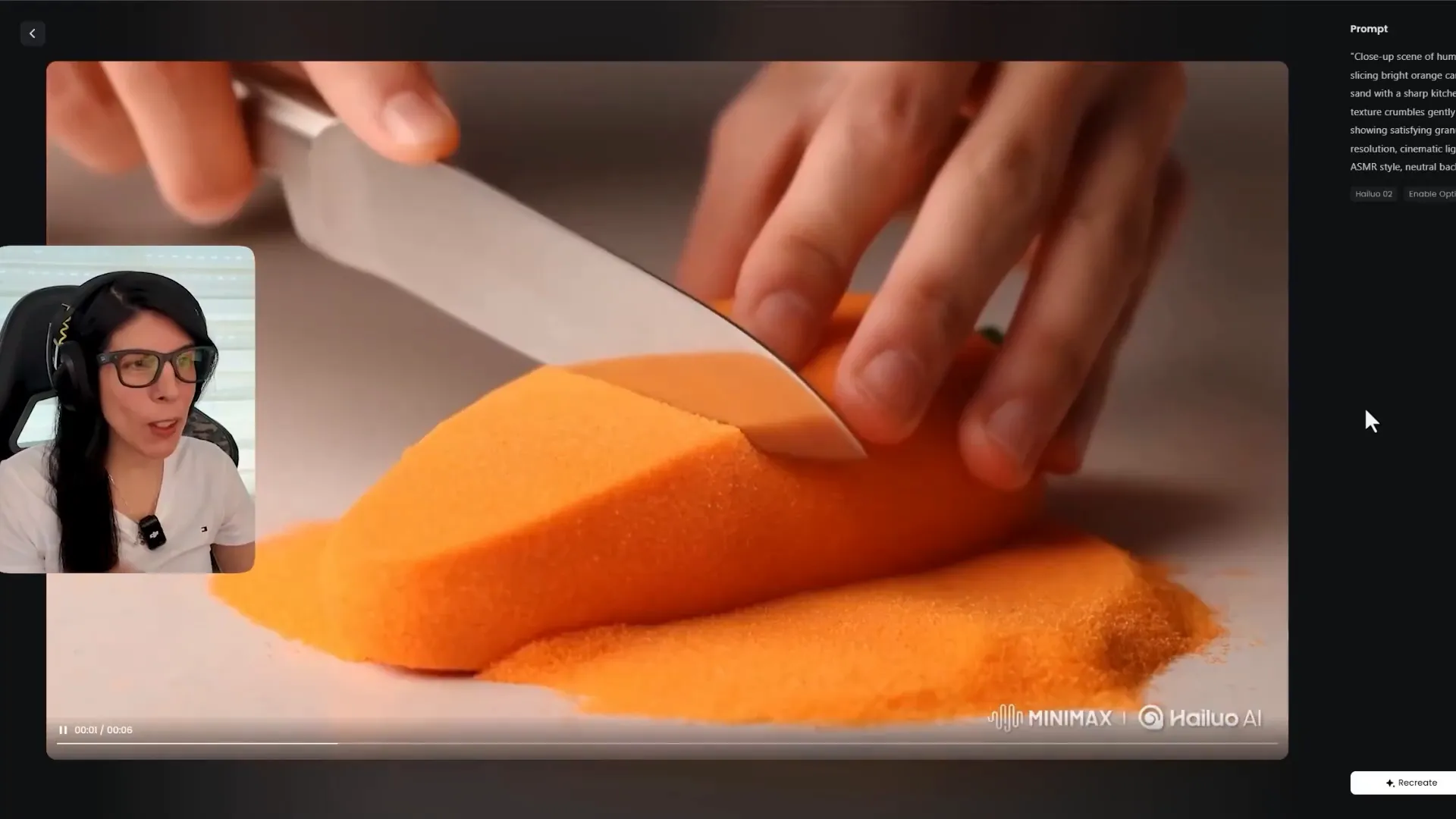 Vídeo generado con Hailou mostrando verduras de arena cinética siendo cortadas