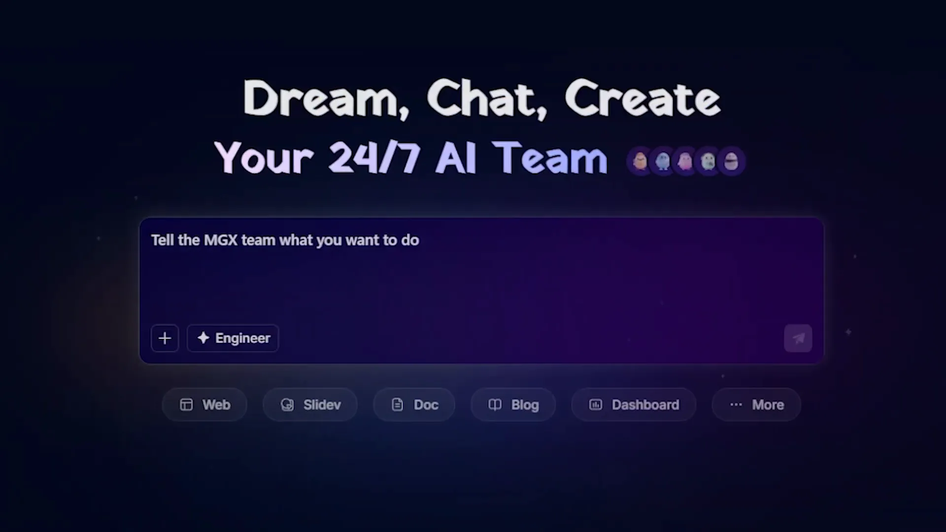 Pantalla de inicio de MGX mostrando la interfaz donde escribir la idea