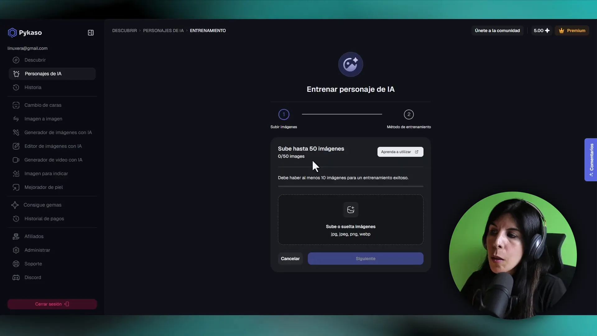 Pantalla de entrenamiento del modelo con opciones para subir imágenes