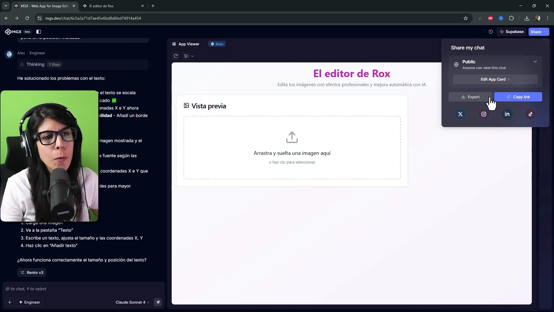 Pantalla de publicación que genera una URL temporal y opciones para exportar el proyecto