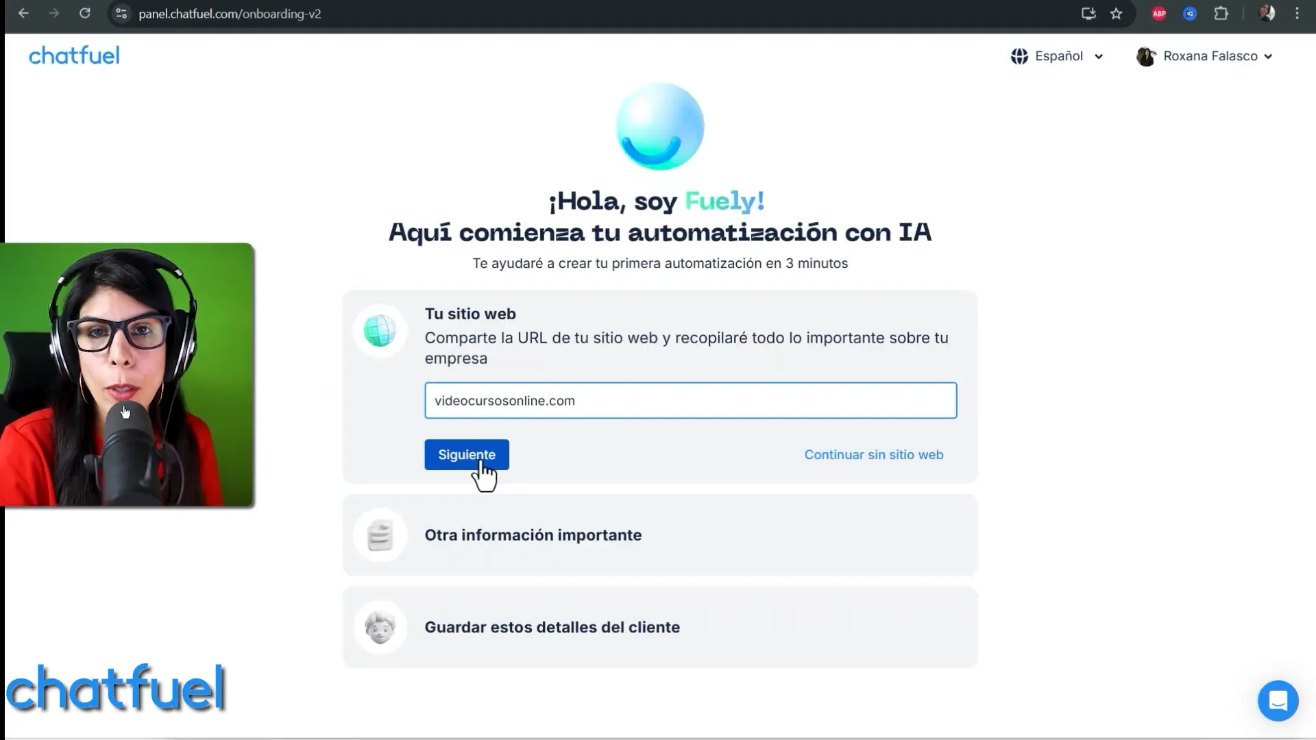Pantalla pidiendo el nombre de la página web para entrenar la IA