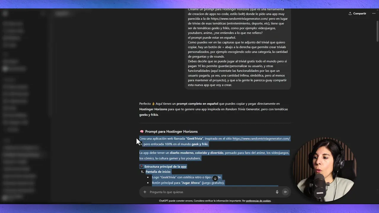 Prompt generado con ChatGPT para Hostinger Horizon
