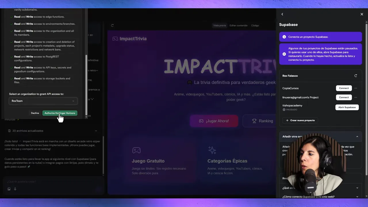 Conexión de Supabase con Hostinger Horizon: añadir organización y autorización