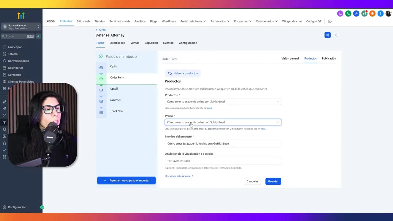 Captura nítida del 'Order Form' donde se muestran los campos Productos, Precio y Nombre del producto en la plataforma, con recuadro del presentador a la izquierda.