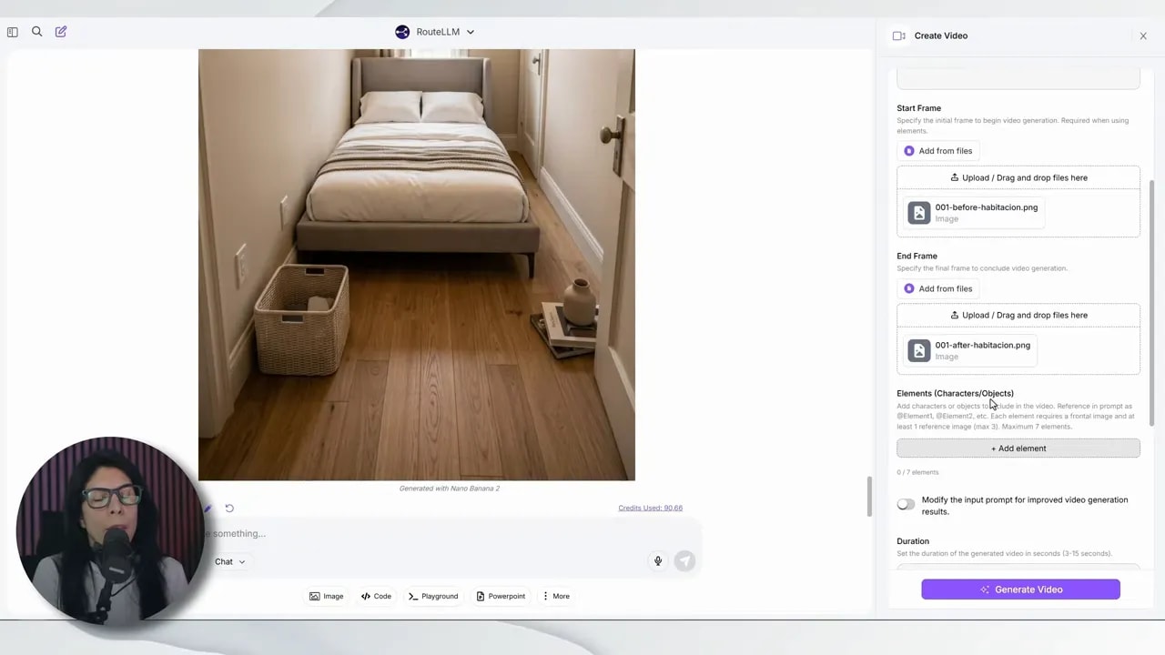 Panel Create Video mostrando Start Frame, End Frame, sección de elementos y la opción de duración