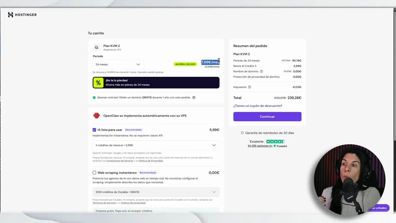 Hostinger resumen del pedido con precio del VPS KVM y opciones de plan