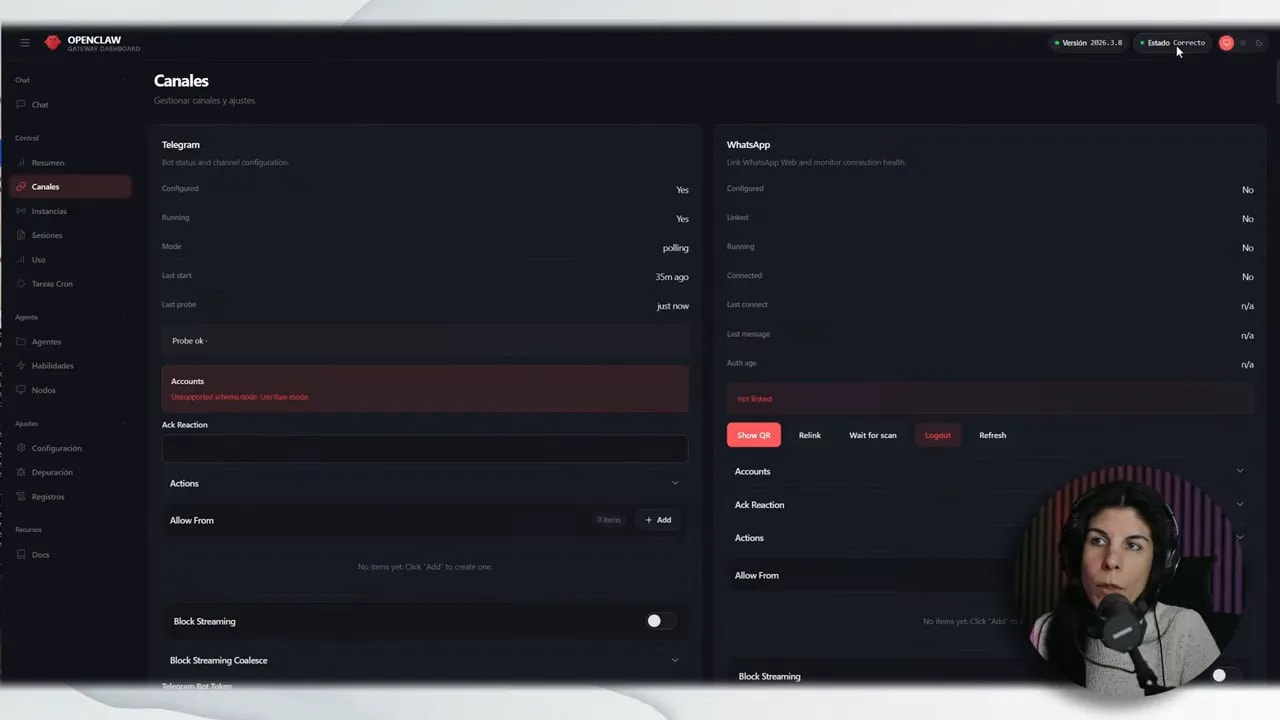 OpenClaw sección Canales mostrando error de configuración del bot de Telegram
