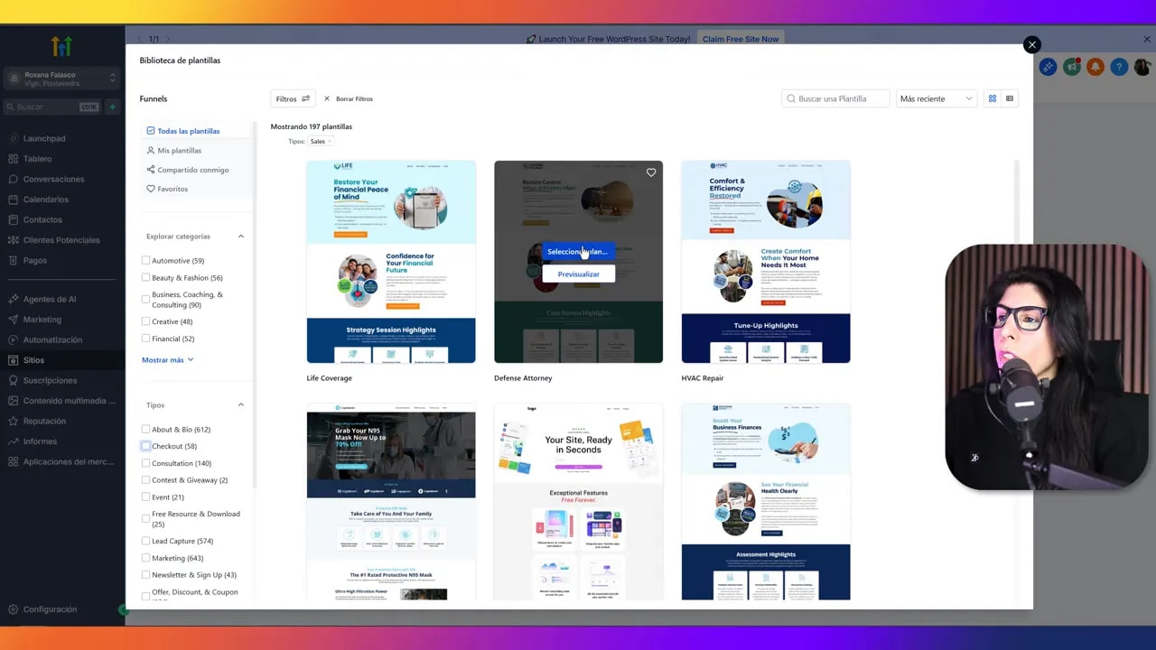 Biblioteca de plantillas con una plantilla seleccionada y opción de previsualizar.