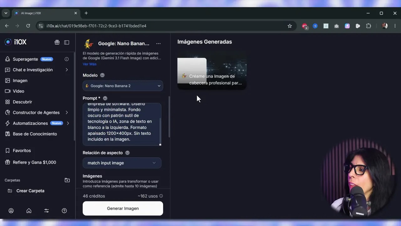 Pantalla de generación de imágenes en i10X con prompt escrito y miniatura del resultado