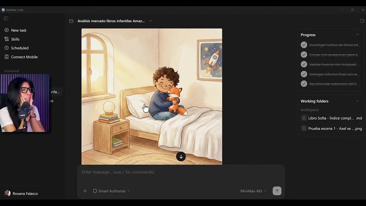Ilustración de un niño sentado en la cama en una habitación luminosa de estilo acogedor