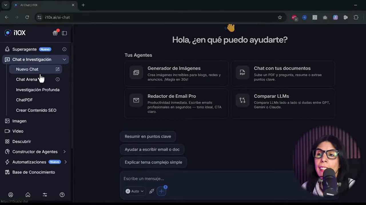 Interfaz principal de i10X en modo oscuro con menú lateral y panel de opciones