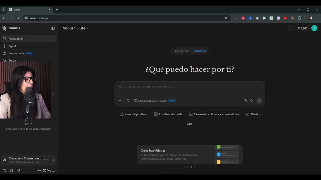 Interfaz de Manus con un prompt largo para crear una landing page de fisioterapia