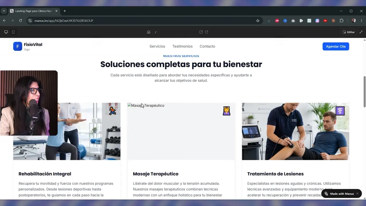 Página web generada para fisioterapia mostrando sección de servicios con tres tarjetas e imágenes