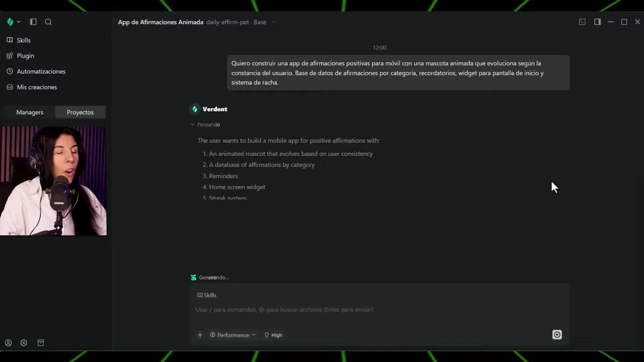 Interfaz de Verdent mostrando la arquitectura inicial del proyecto con lista de componentes