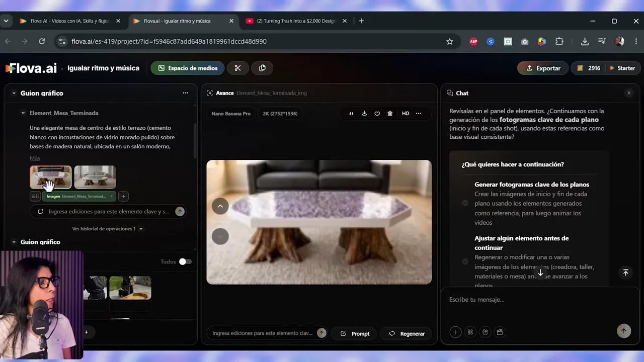 Interfaz de Flova mostrando dos versiones de una mesa con cubierta de cristal morado