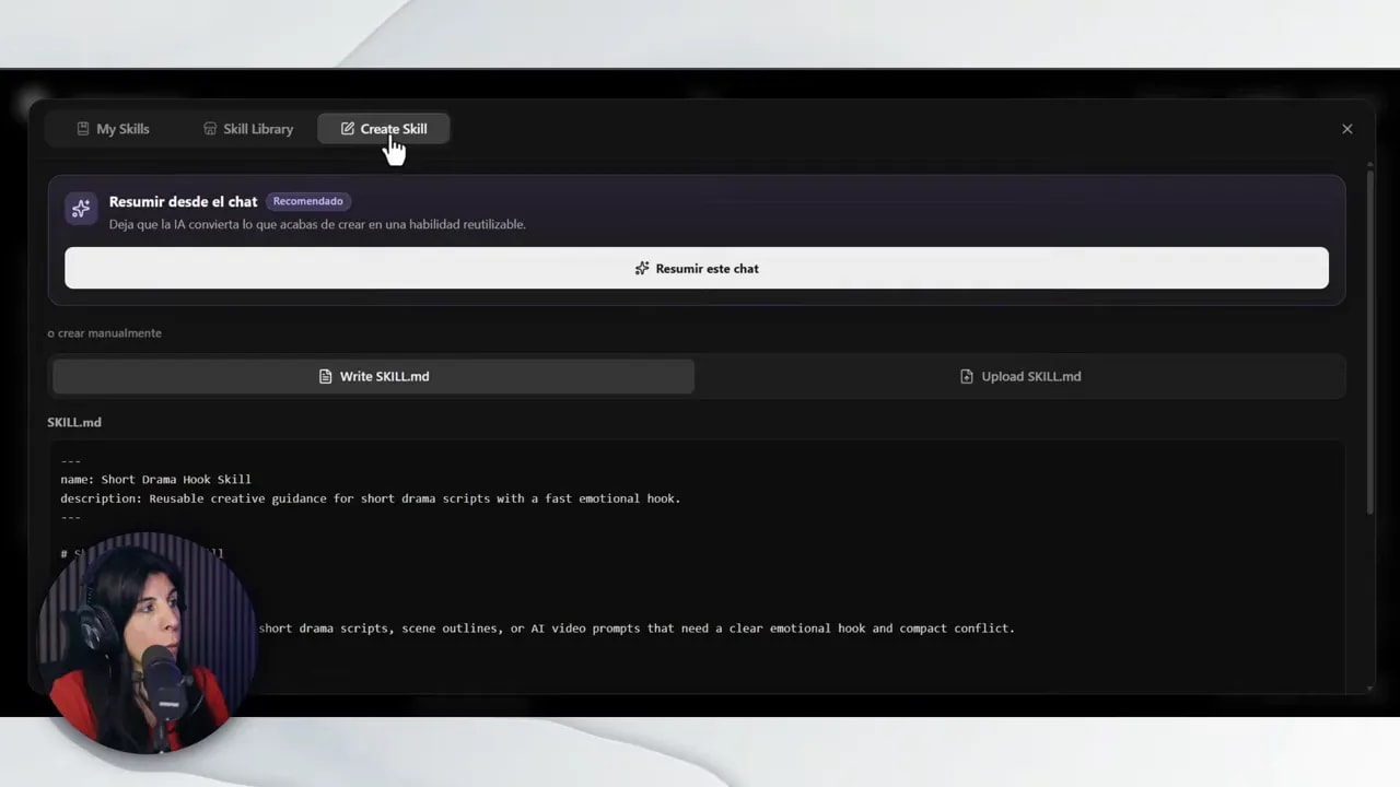 Pantalla de creación de skill en TopView para guardar un flujo de trabajo reutilizable