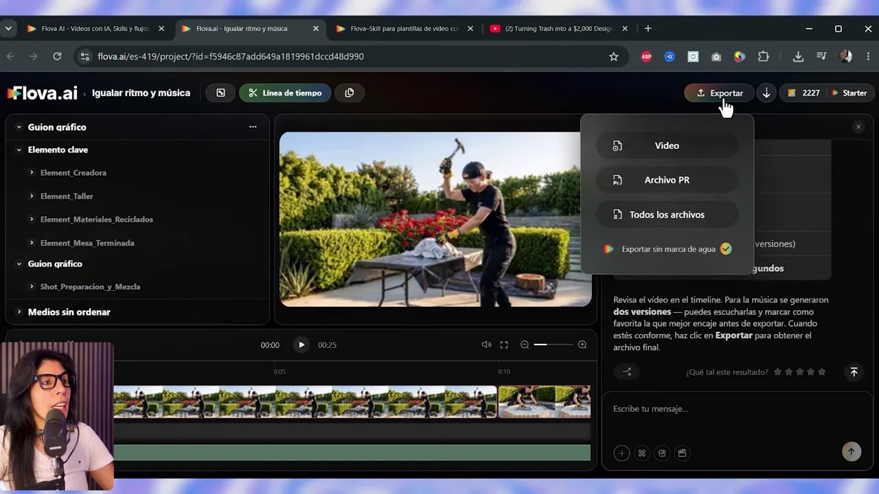 Editor de vídeo de Flova con línea de tiempo y menú de exportación abierto