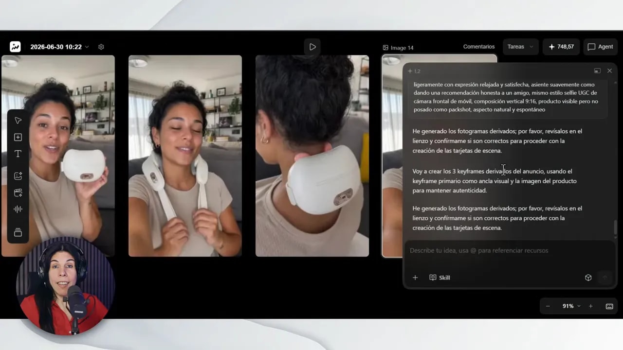 Canvas con varias escenas verticales del mismo personaje usando un masajeador cervical