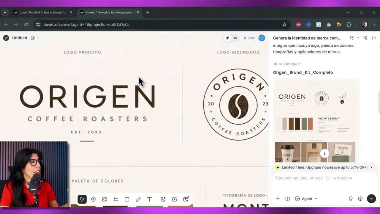 Interfaz de Lovart mostrando la identidad visual de ORIGEN con logotipo principal y secundario