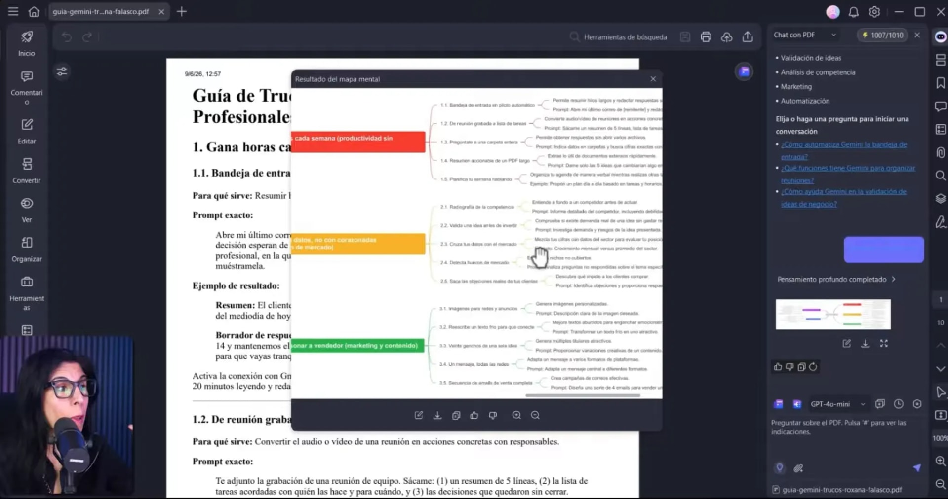 Mapa mental generado dentro del editor PDF con bloques de colores y ramas de contenido