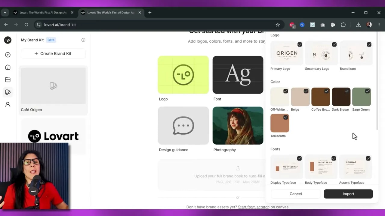 Panel de importación de brand kit con colores, tipografías y recursos organizados en Lovart