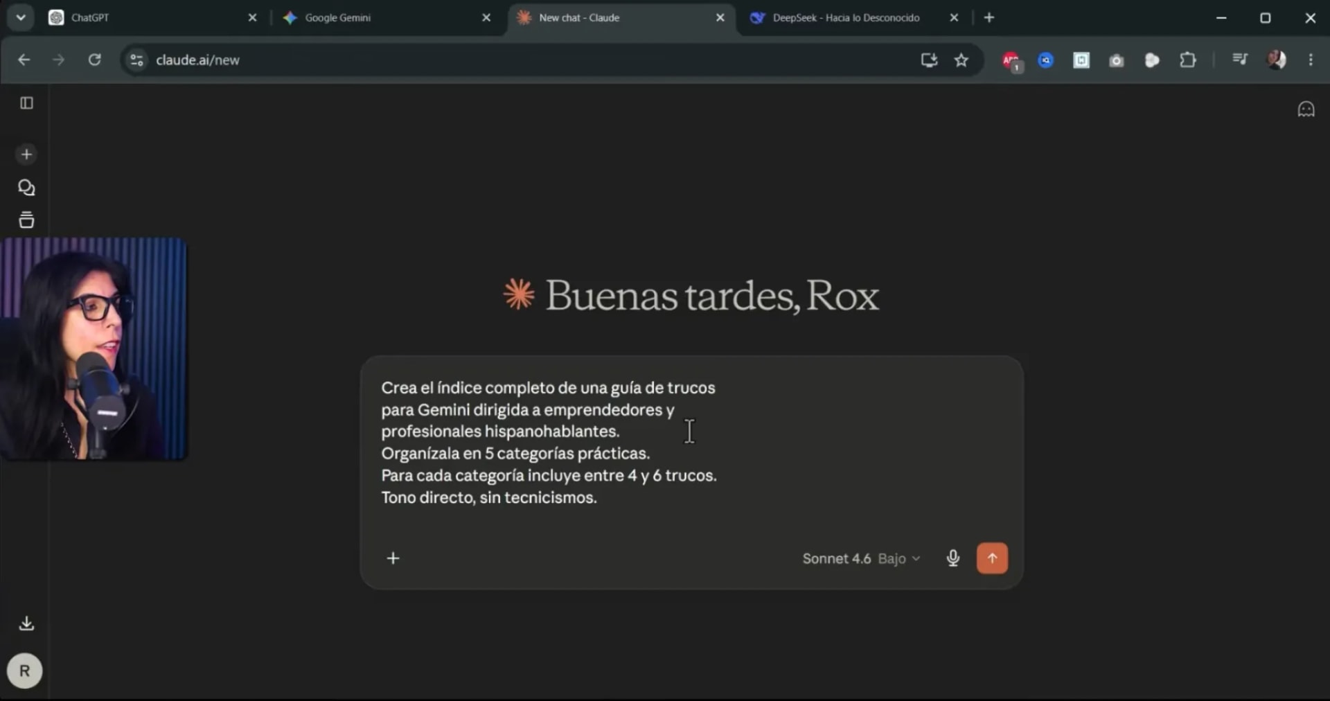 Prompt en pantalla para crear el índice de una guía de trucos para Gemini