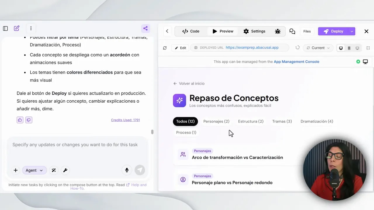 Sección Repaso de Conceptos en ExamPrep con categorías y conceptos listados