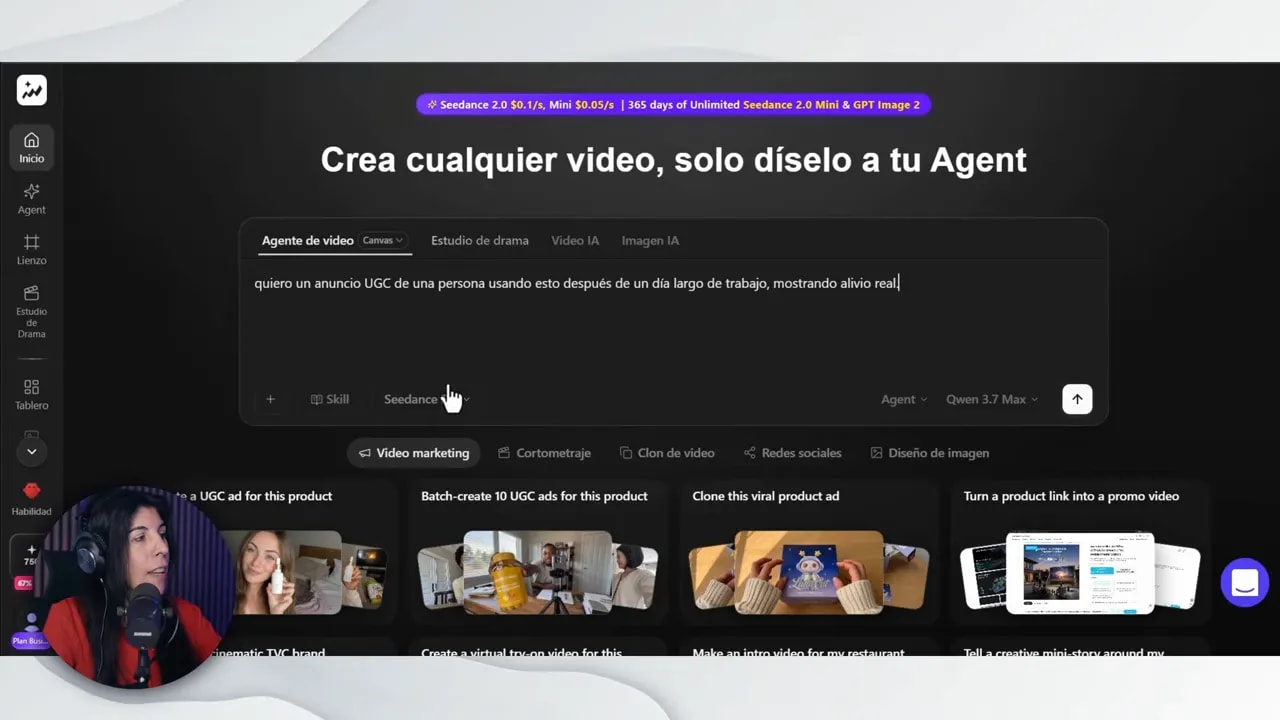Interfaz de TopView con cuadro de texto para crear un vídeo a partir de una instrucción
