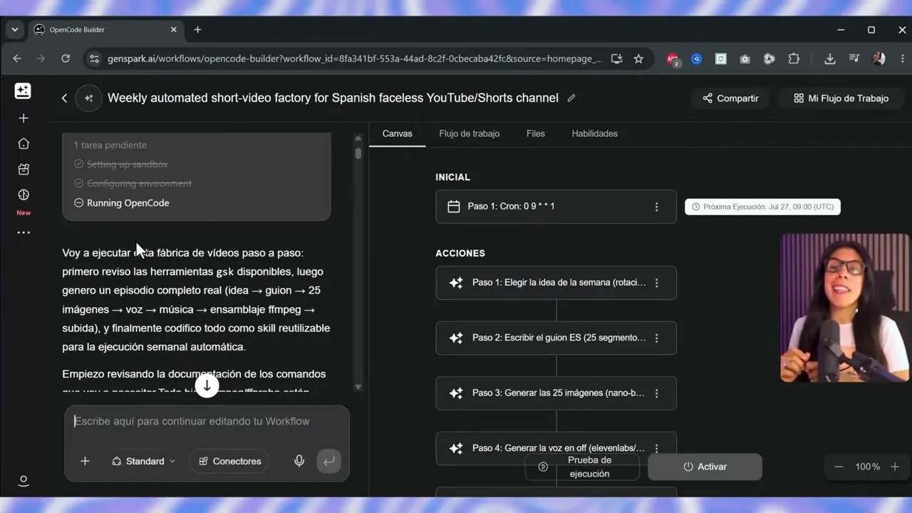 Editor de flujos de trabajo de Genspark con paneles de tareas automatizadas