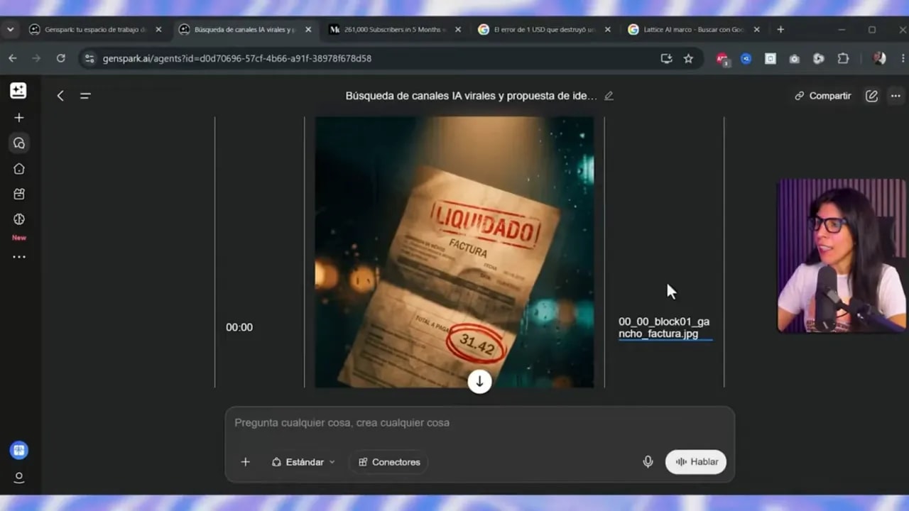 Storyboard de Genspark con una imagen vertical de documento sobre una mesa
