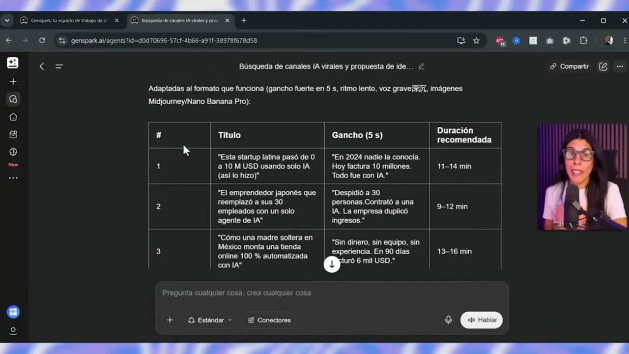 Tabla de Genspark con ideas de vídeo, duración y descripción